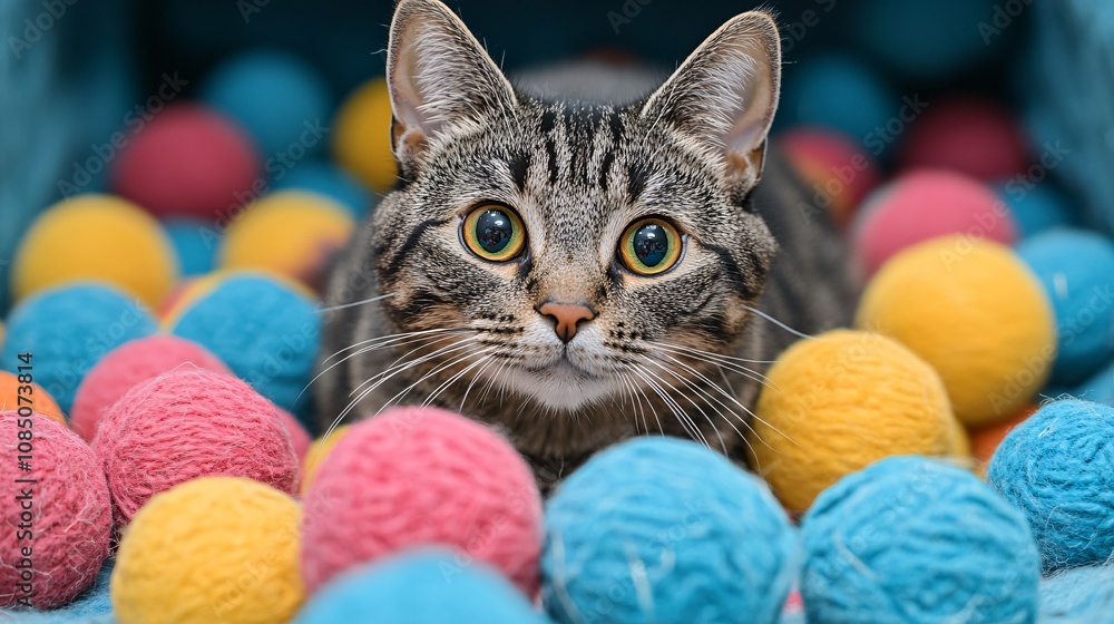 Poster Pet owner exploring colorful pet toys with their curious cat in a store showcasing premium pet products with side empty space for text Stockphoto style