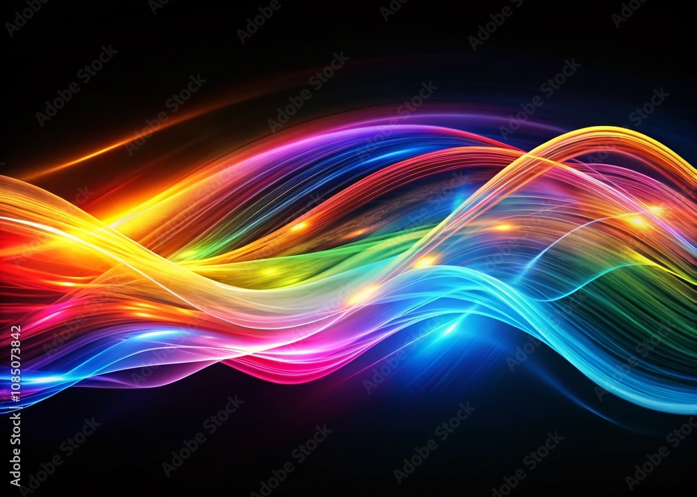 Poster vivid multicolored light waves dancing across a black background, capturing the essence of abstract 
