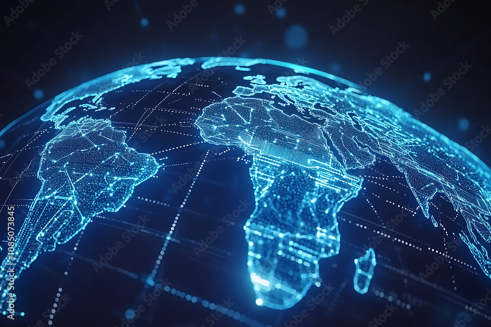 Poster a digital representation of the earth showcasing interconnected data points and networks.