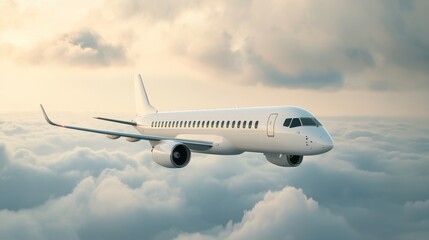 Obraz premium Airplane soaring above fluffy clouds at sunset.