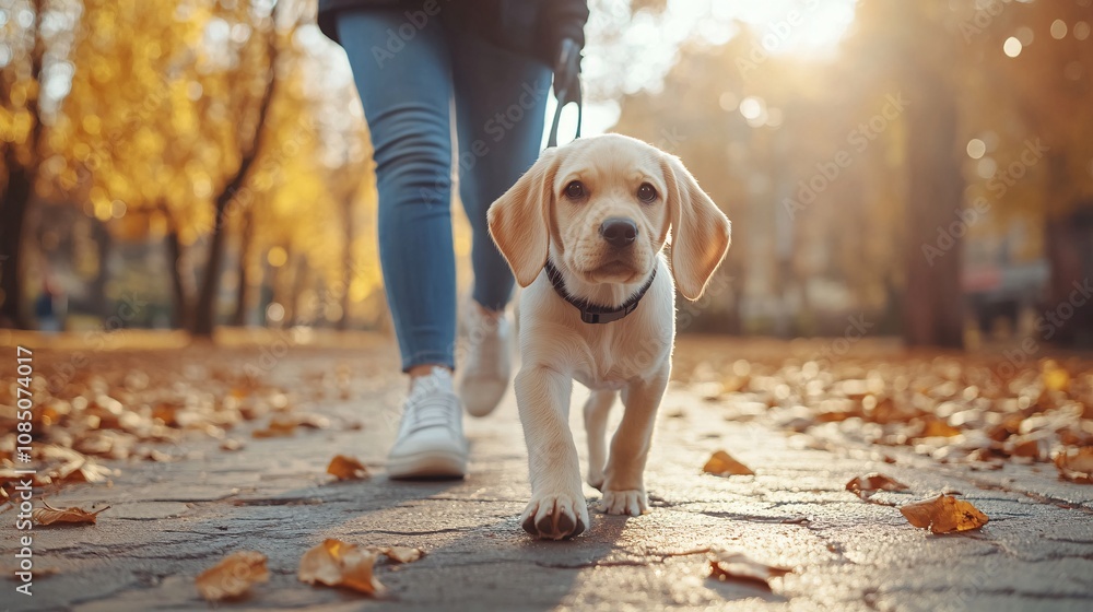 Poster Young puppy walking beside owner on a new, comfortable leash in a sunny park showing pet products in use with side empty space for text Stockphoto style
