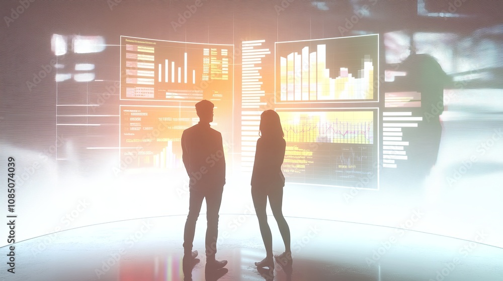 Poster analyzing data with futuristic technology.