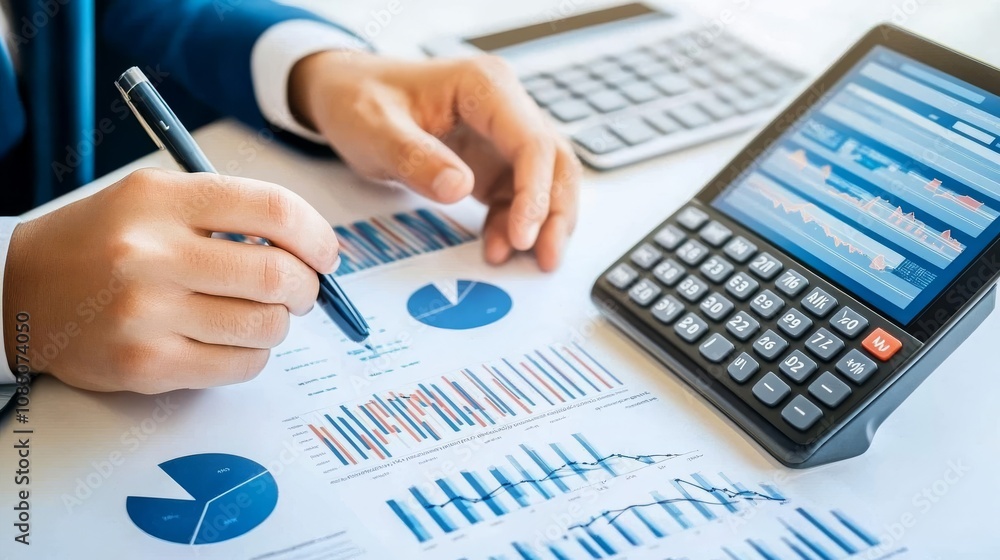 Poster analyzing financial data with charts and tools.