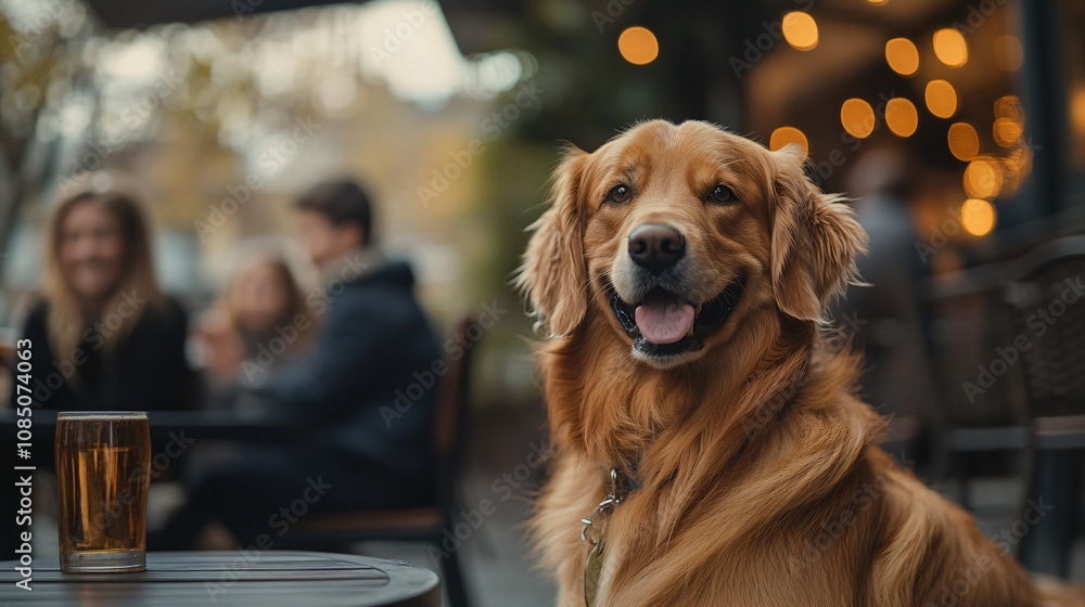 Poster family enjoying a relaxing day at a pet-friendly outdoor cafe with dog beside them showing welcoming