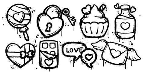 Set of graffiti spray paint valentine days elements vector illustration