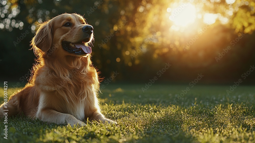 Poster Dog trainer demonstrating training commands with a well-behaved puppy on a lush green lawn showing effective pet training services with side empty space for text Stockphoto style