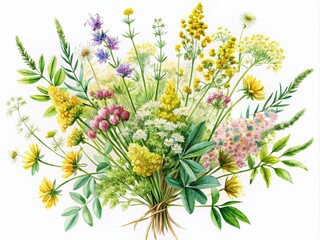 Watercolor Floral Bouquet of Bedstraw, Grass, and Herbs on White Background for Outdoor Design, Printing, or Fabric Background Use in Home and Garden Decor