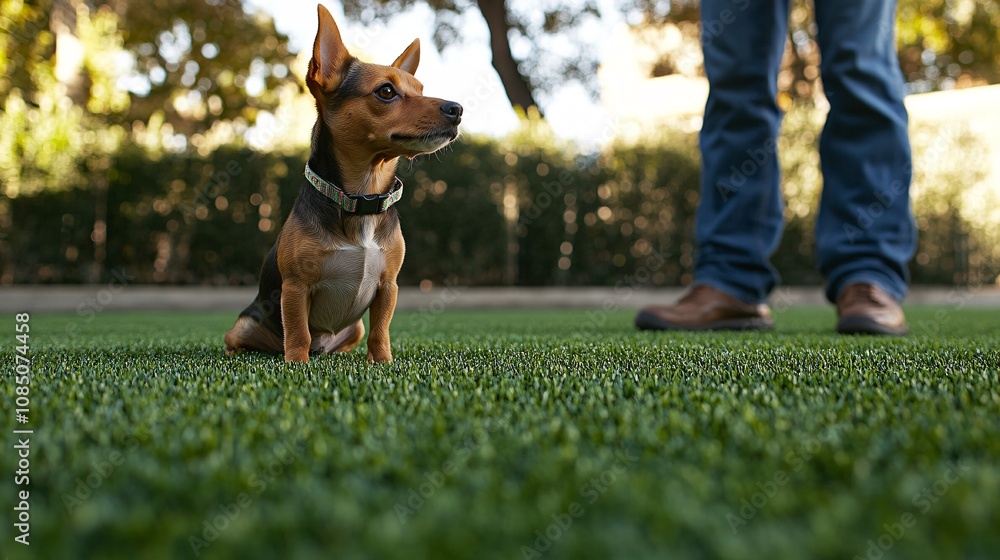 Aufkleber Dog trainer demonstrating training commands with a well-behaved puppy on a lush green lawn showing effective pet training services with side empty space for text Stockphoto style