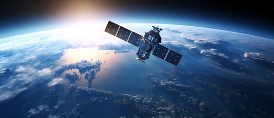 Obraz premium A satellite approaching Earth, captured in space with Earth’s curvature visible, showcasing a technological and cosmic perspective.