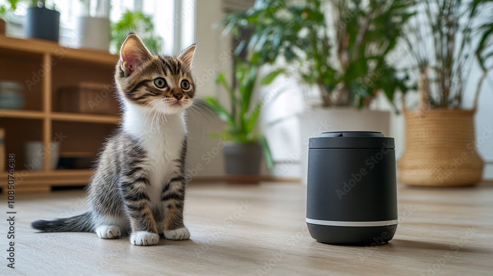 Aufkleber young kitten curiously exploring a modern pet feeder in a home setting showing innovative pet produc