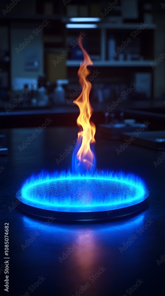 Poster a vibrant flame rises from a circular base, surrounded by a glowing blue aura in a lab setting.