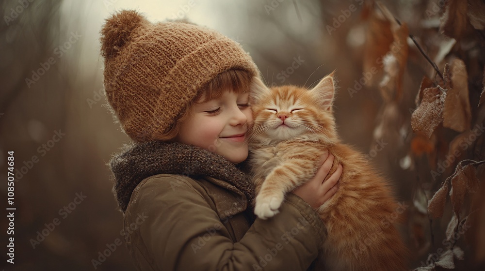Aufkleber pet adoption event with a smiling child gently holding a kitten in a warm, welcoming space represent