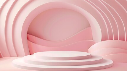 Obraz premium A minimalist pink backdrop featuring curved shapes and a raised platform, ideal for presentations or events.