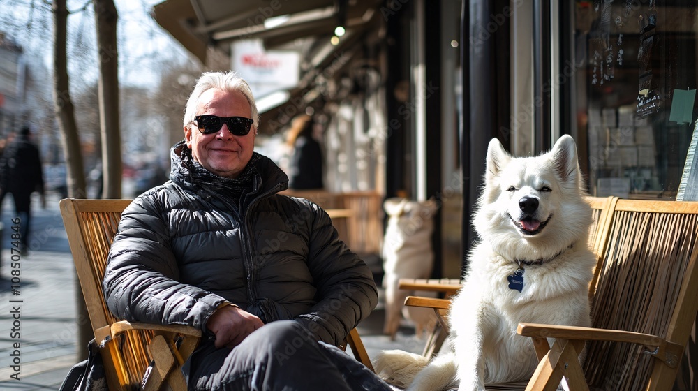 Poster owner and dog happily enjoying an outdoor cafe patio on a sunny day showing relaxed pet-friendly spa