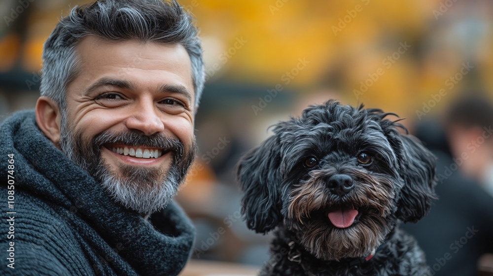 Poster owner and dog happily enjoying an outdoor cafe patio on a sunny day showing relaxed pet-friendly spa