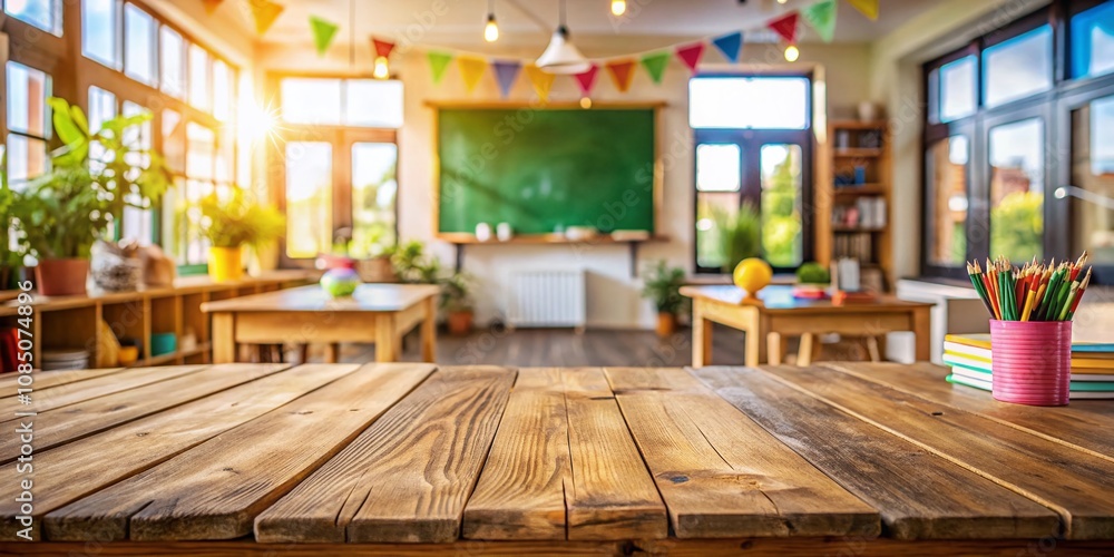 Poster wooden table top in a blurred classroom setting with faded educational elements and natural light cr