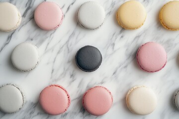 Obraz premium Colorful Array of Macarons on Marble Background: Pink, White, Yellow, and a Single Black Macaron Showcasing Delicate Pastry Artistry.