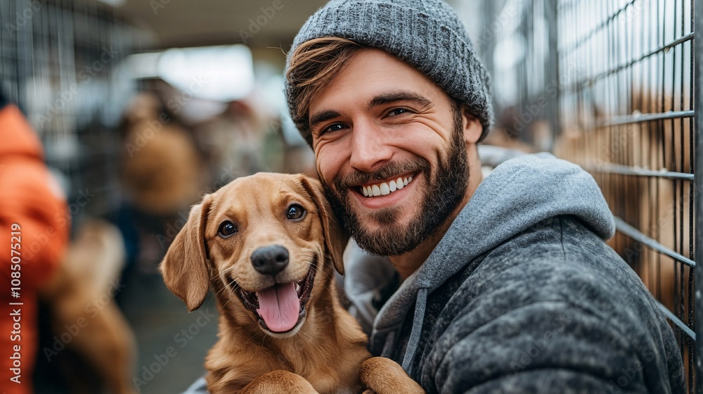 Poster pet adoption shelter interior with various animals and happy volunteers welcoming new adopters in a 