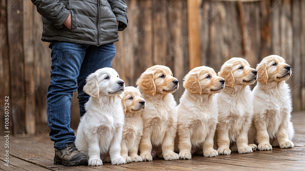 Aufkleber Puppy training class in a well-lit indoor space with a small group of puppies and trainers capturing pet behavior support with side empty space for text Stockphoto style