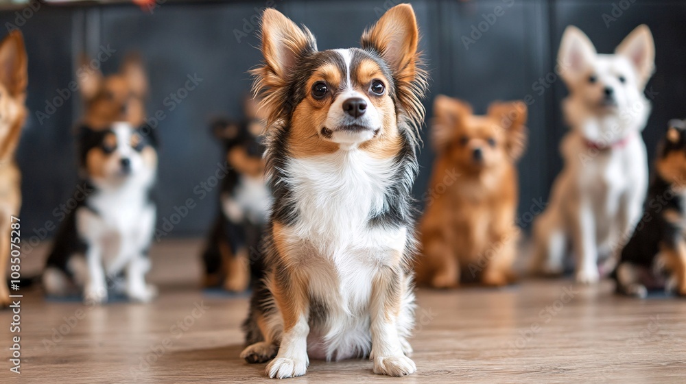 Fototapete Puppy training class in a well-lit indoor space with a small group of puppies and trainers capturing pet behavior support with side empty space for text Stockphoto style