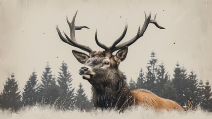 Naklejka premium Majestic stag resting in snowy forest.
