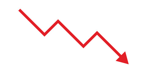 Red downward arrow graph with arrow showing downward trend. Bear market, bearish trend