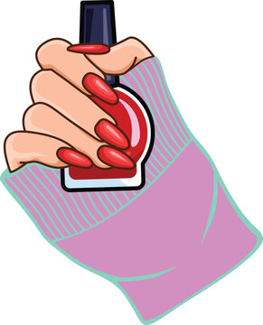 recommend clip art: Woman Hand Holds a bottle glass Nail Polish. Beauty salon icon. Female hand Showing fingernail and red nail lacquer bottle. Vector illustration