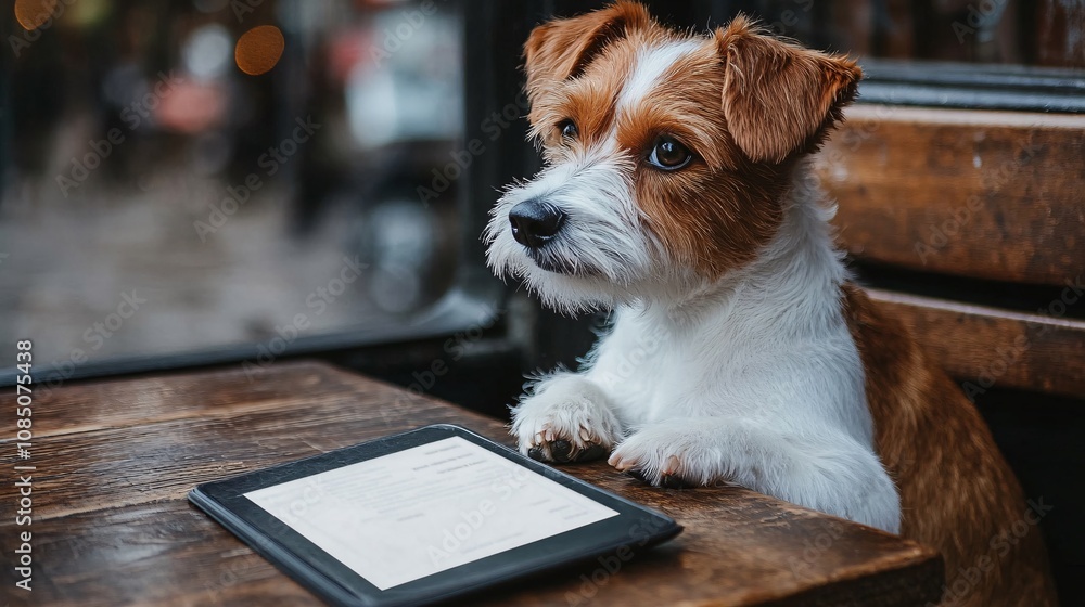 Poster Pet-friendly cafe scene showing a dog sitting next to owner at a table with comfortable seating and soft lighting with side empty space for text Stockphoto style