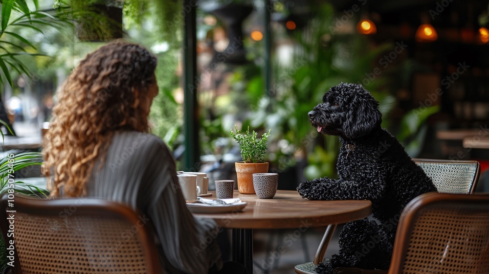 Aufkleber Pet-friendly cafe scene showing a dog sitting next to owner at a table with comfortable seating and soft lighting with side empty space for text Stockphoto style
