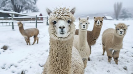 Fototapeta premium Thick-Coated Alpacas Enduring Winter’s Chill