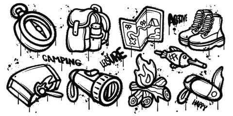 Set of graffiti spray paint camping equipment elements vector illustration