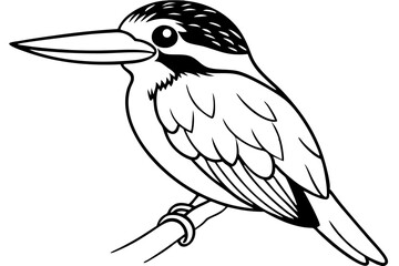 Black And White Kingfisher Bird Line Art, Kingfisher Bird Outline Illustration