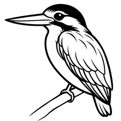 Black And White Kingfisher Bird Line Art, Kingfisher Bird Outline Illustration