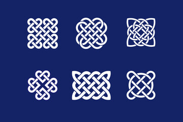 Set of Celtic knot design intricate interwoven lines. White endless loop decorative pattern on dark blue background vector illustration. Traditional symbol common to Irish and Scottish culture.