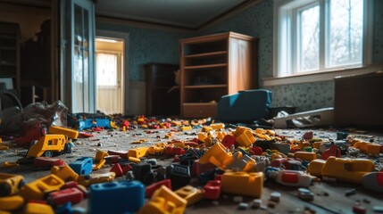 Obraz premium A cluttered room filled with colorful children's toys scattered across the floor.