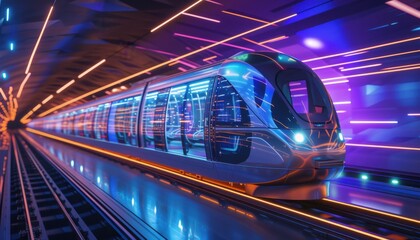 Fototapeta premium Futuristic metro train speedily navigating through neon tunnel, a vision of modern transit and innovation, combining mobility with urban design elegance.
