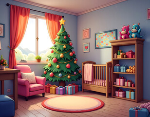 Christmas tree, children's room, plush toys, gifts, festive mood. Anime style.