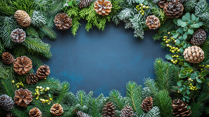 Fototapeta premium Festive Pine and Greenery Christmas Frame with Pinecones