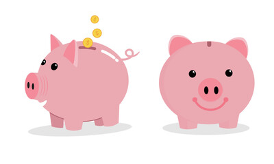 Set of smiling pink piggy bank with front and side view in a flat design. Vector Business Illustration.