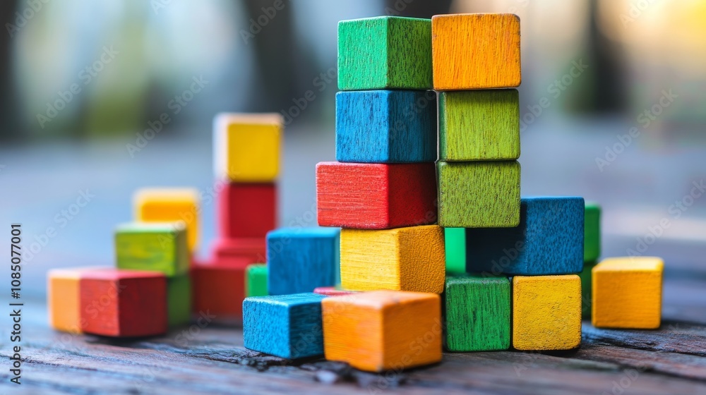 Poster a tranquil block-building scene with creatively arranged colorful bricks, playful construction style