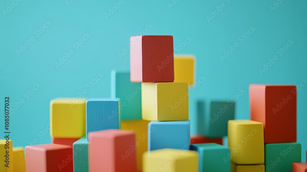 Poster a tranquil block-building scene with creatively arranged colorful bricks, playful construction style