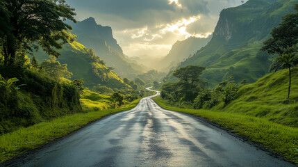 Winding Road Through Lush Green Mountains at Sunrise