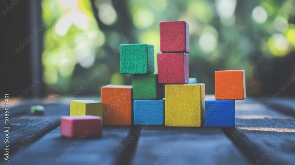 Poster A tranquil block-building setup with colorful bricks arranged creatively, Playful construction style, photo of