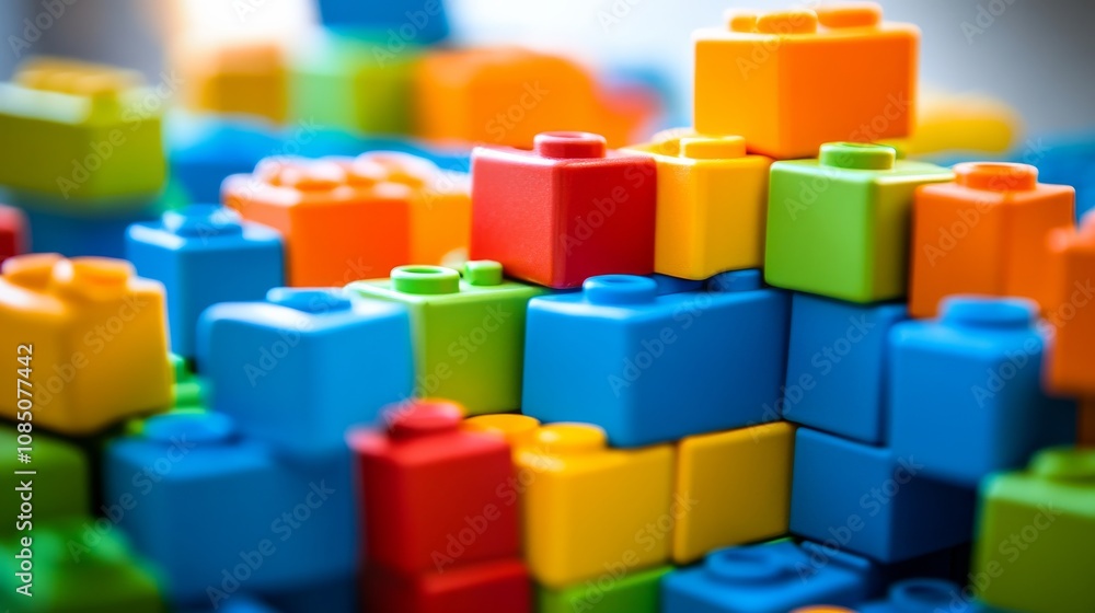 Poster A tranquil block-building setup with colorful bricks arranged creatively, Playful construction style, photo of