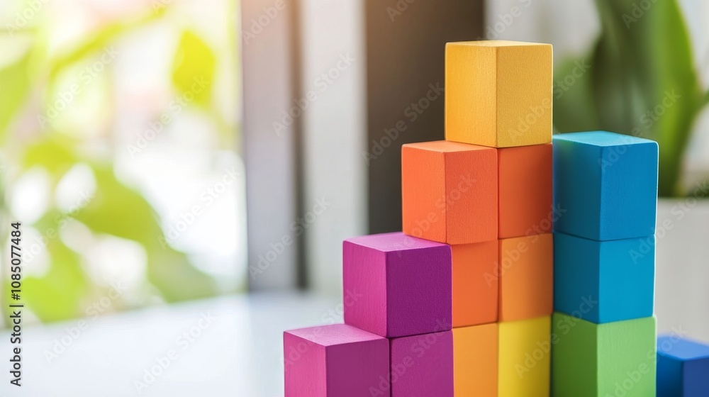 Poster colorful building blocks arranged in a stack.