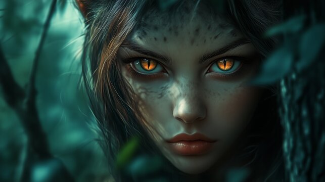 Detailed, realistic image of a half-human, half-animal young woman with feline eyes, in an enchanted forest with soft, diffused lighting
