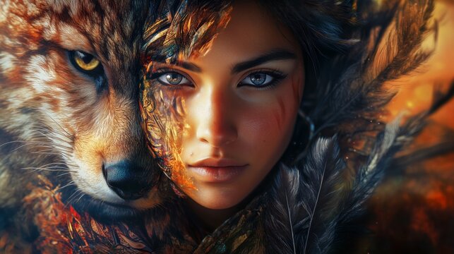 Detailed portrait of a beautiful half-human, half-animal young woman with intricate fur patterns and mystical eyes, close-up in a colorful fantasy world