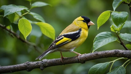 A gold finch is perched on a tree branch with lots of green leaves