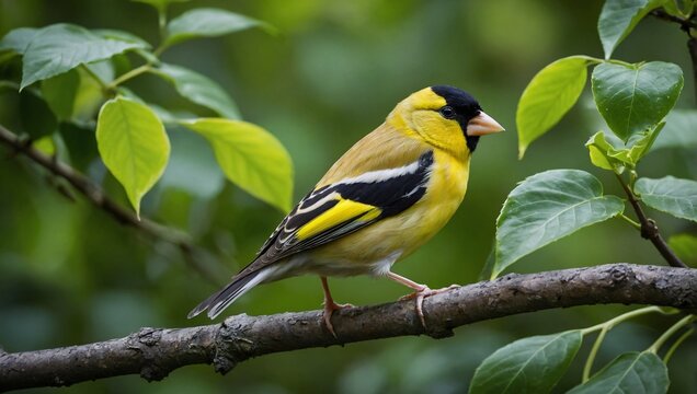 A gold finch is perched on a tree branch with lots of green leaves