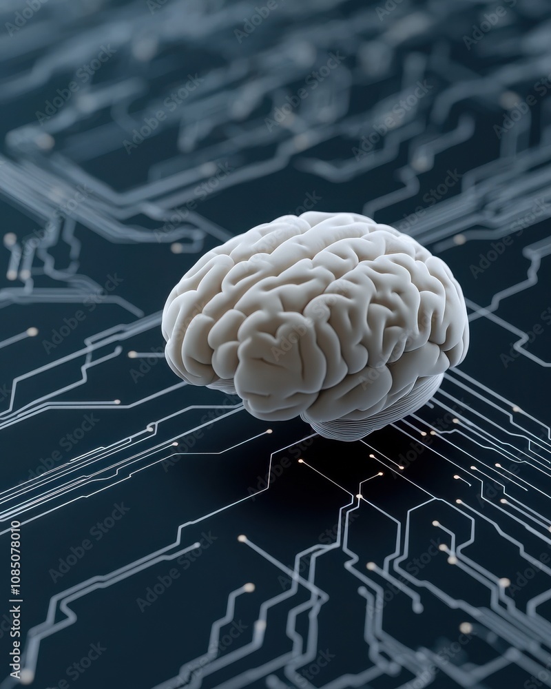 Poster a stylized brain model sits on a circuit board, representing the intersection of neuroscience and te